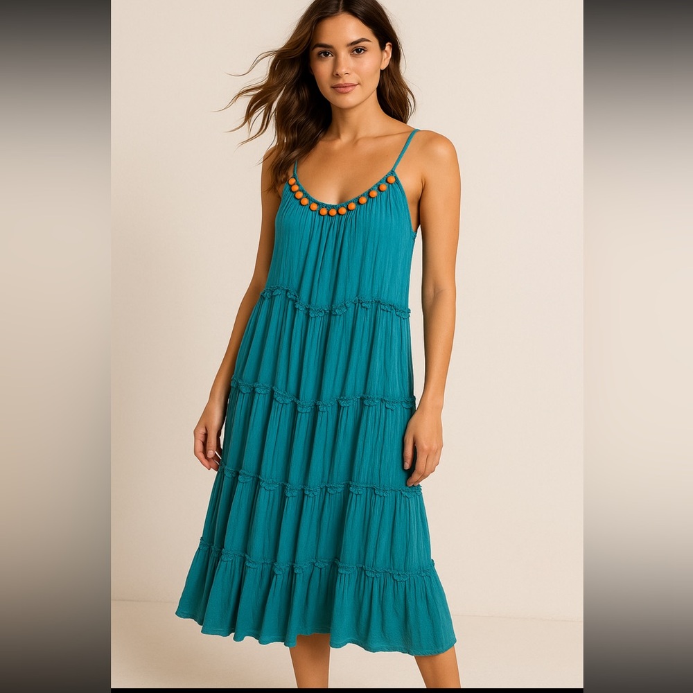 Free People Blue Green Maxi Oversized Sleeveless Dress with Wooden Beading SP